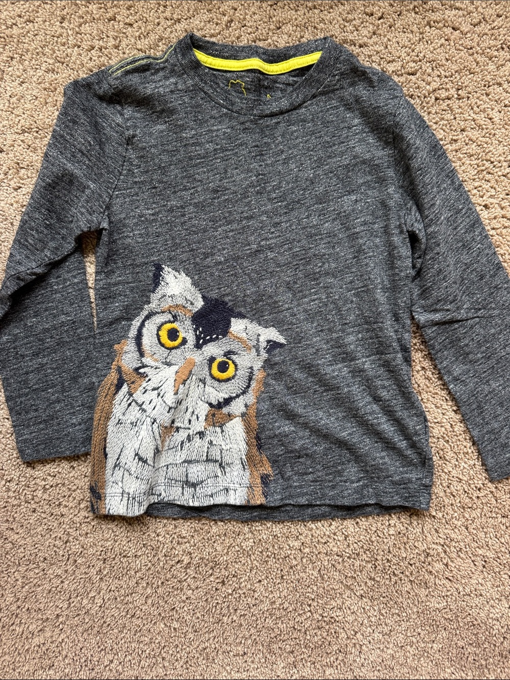 Mini Boden Charcoal Gray Long Sleeve Tee with Owl Graphic and Yellow Accents
